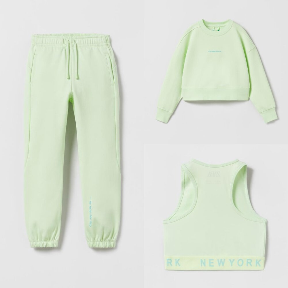 ZARA Lime Crop Sweatshirt + Jogger + Crop Top 7T